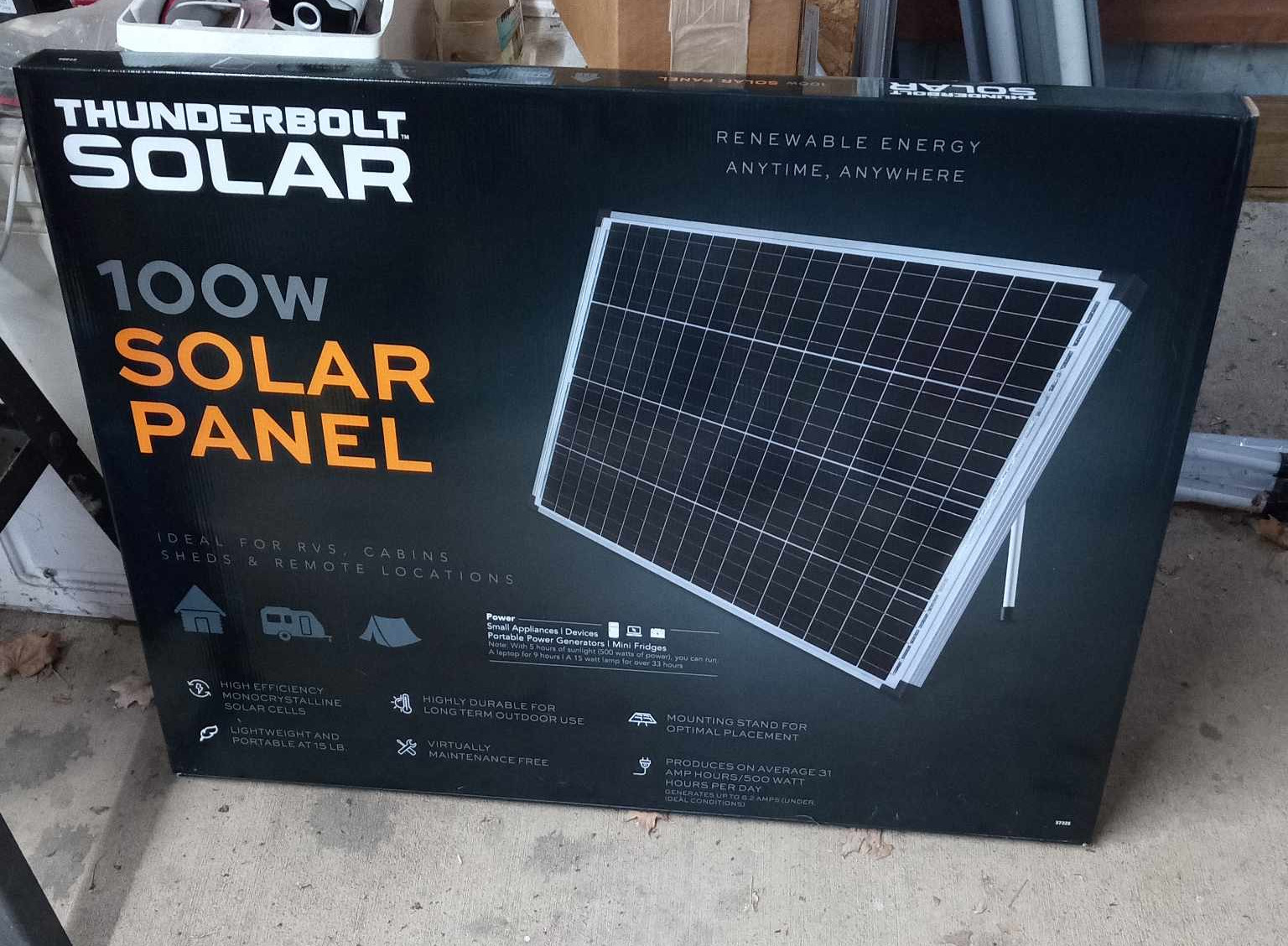 An overview of my Solar System, featuring a Harbor Freight Thunderbolt 100 WATT Panel